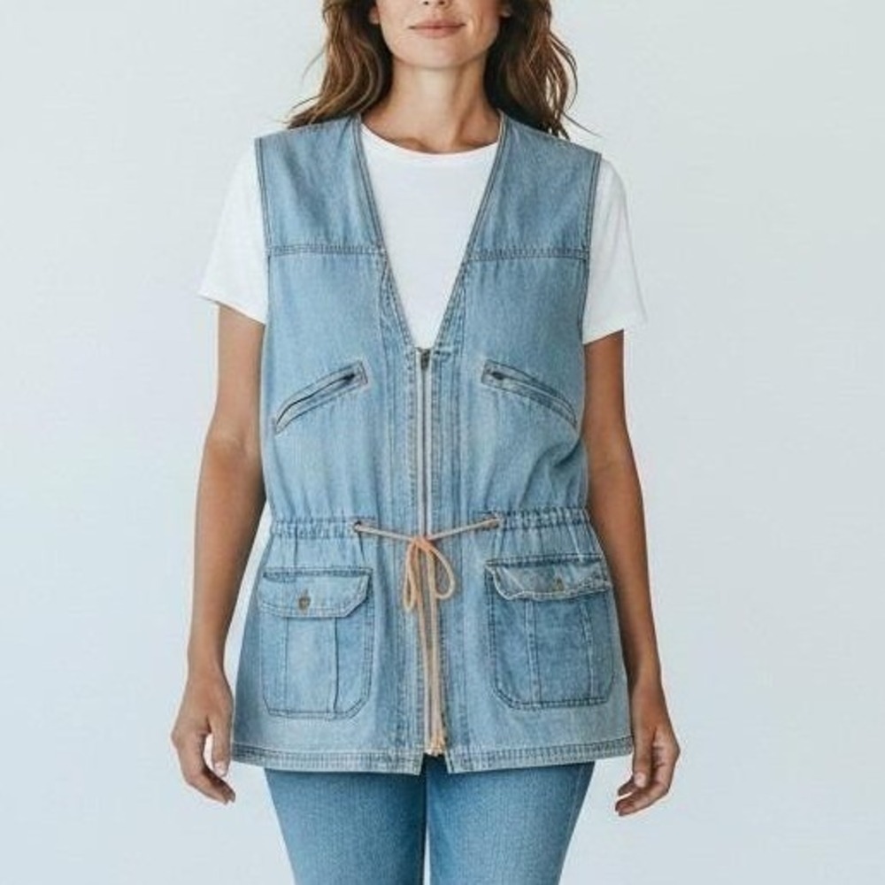 Neutral Zone Vintage Denim Utility Vest Light Wash Zip Up Drawstring Waist Med